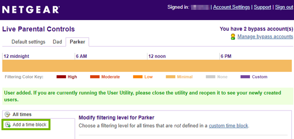 Bypass account screen highlighting the add a time block option.