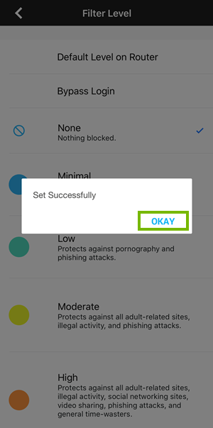 Filtering level confirmation prompt highlighting the okay button.
