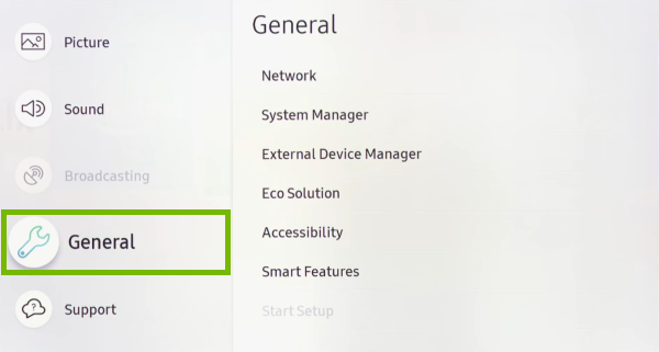 General option highlighted in settings menu of Samsung Smart TV.