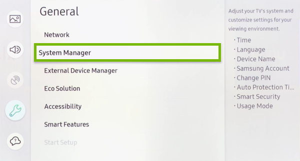 System Manager option highlighted in settings menu of Samsung Smart TV.