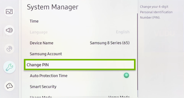 Change PIN option highlighted in settings menu of Samsung Smart TV.