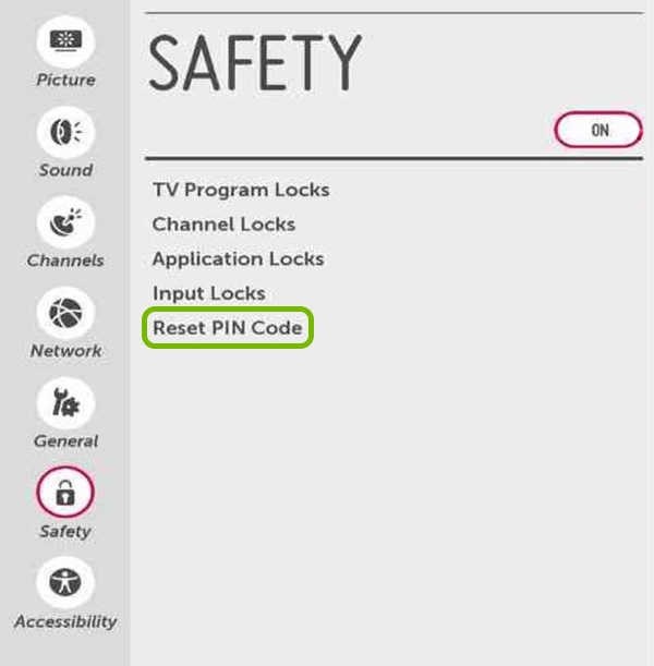 Reset PIN Code option highlighted on LG Smart TV screen.