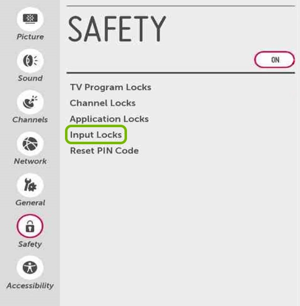 Input Locks option highlighted in Safety settings of LG Smart TV.