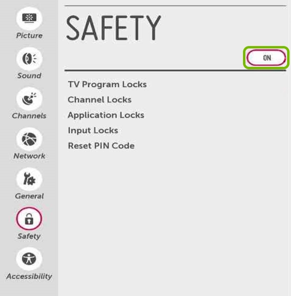 Safety feature toggle option highlighted on LG Smart TV screen.