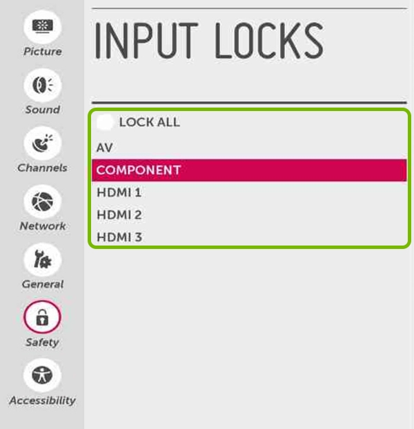 TV inputs highlighted in Safety settings of LG Smart TV.