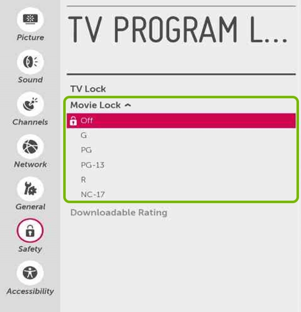 Movie Lock feature and options highlighted in Safety settings of LG Smart TV.