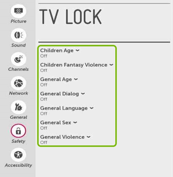 TV Lock categories highlighted in Safety settings of LG Smart TV.