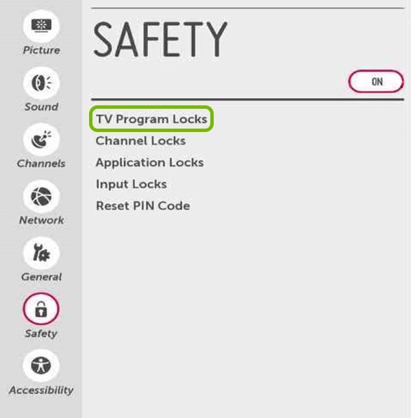 TV Program Locks option highlighted in Safety settings of LG Smart TV.