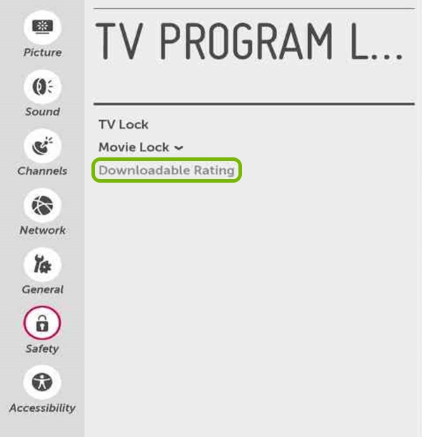 Downloadable Rating option highlighted in Safety settings of LG Smart TV.