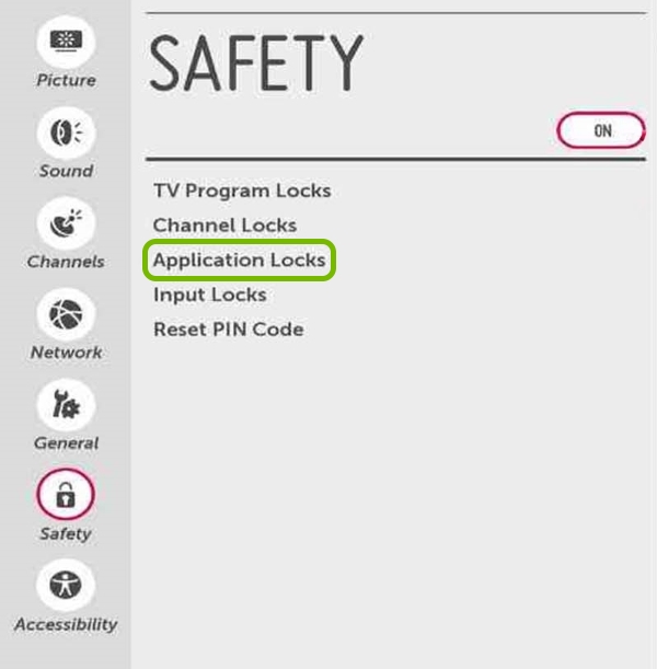 Application Locks option highlighted in Safety settings of LG Smart TV.