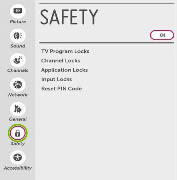 Safety option highlighted on LG Smart TV screen.