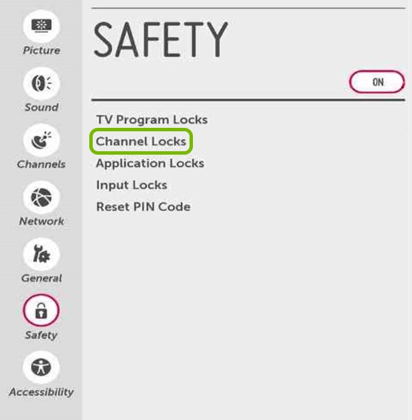 Channel Locks option highlighted in Safety settings of LG Smart TV.