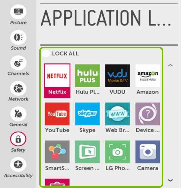 Grid of apps highlighted in Safety settings of LG Smart TV.