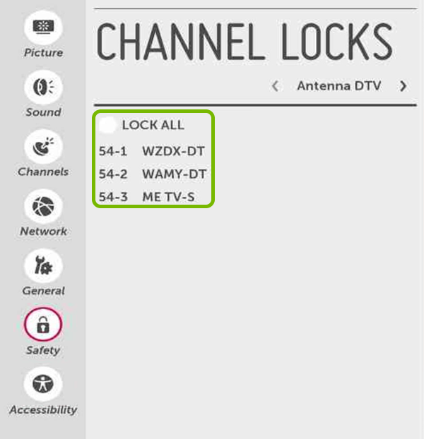 TV Channels highlighted in Safety settings of LG Smart TV.