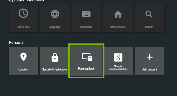 Parental lock option highlighted in Android TV settings.