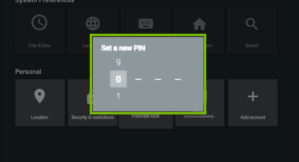 PIN setup prompt highlighted in Android TV settings.