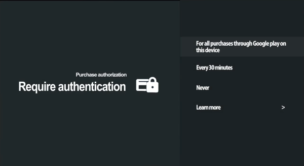 Authentication requirement selection screen for Google Play apps.