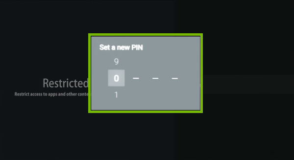 PIN setup prompt highlighted in Android TV settings.