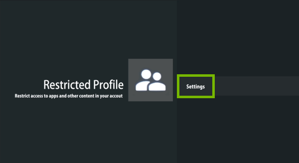 Settings highlighted in Restricted profile options on Android TV.