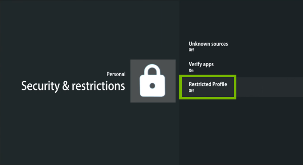 Restricted profile option highlighted in Android TV settings.