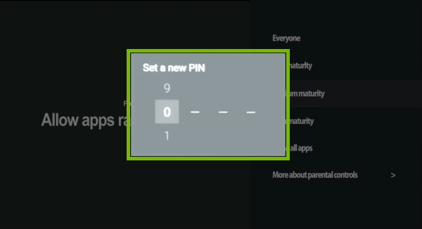 PIN setup prompt highlighted in Android TV settings.