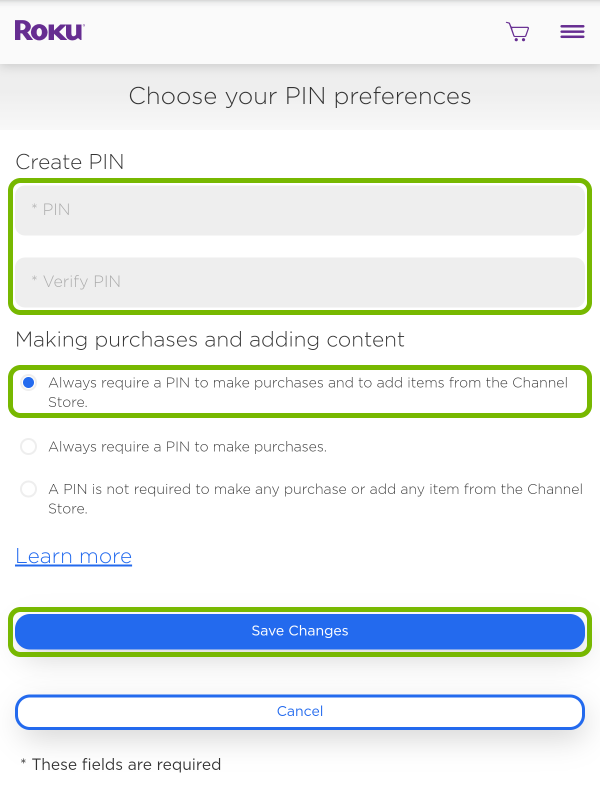 PIN preference option, PIN creation fields and Save Changes button highlighted on Roku account page.