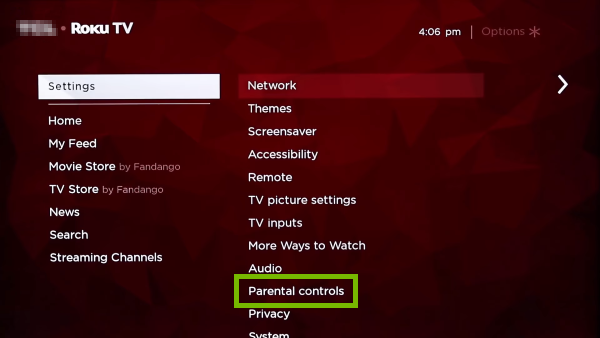 Parental Controls option highlighted in Roku TV settings.