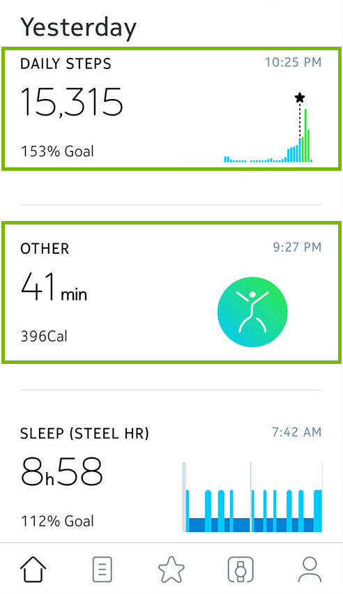 Daily steps and Other sections highlighted in Health Mate app.