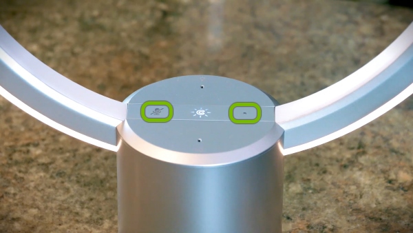 Microphone and Dot buttons highlighted on base of C by GE Sol Lamp.