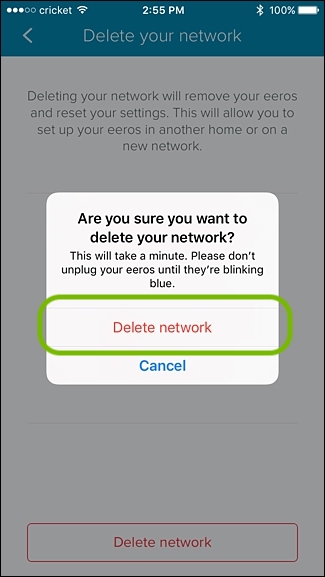 Eero app delete network popup
