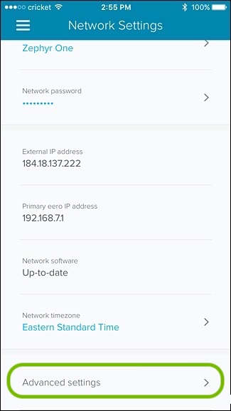 Eero app advanced settings