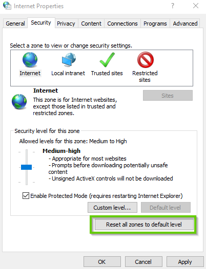 Windows 10 internet settings showing reset all zones to default