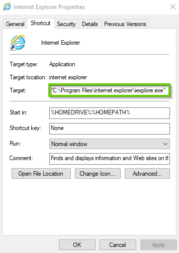 Windows 10 Internet Explorer properties