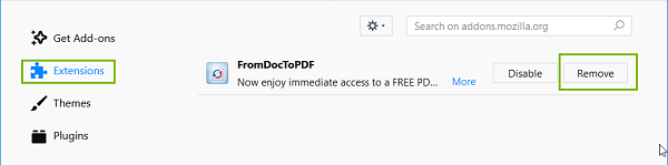 Extensions menu with Remove highlighted. Screenshot
