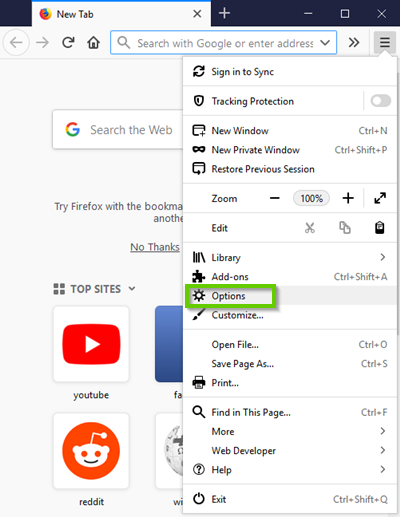 Firefox menu showing options selected