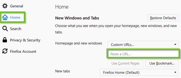 Firefox homepage settings