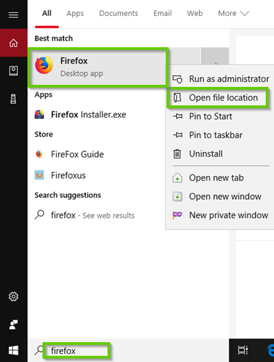 Firefox right click menu within windows 10