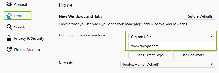 Firefox Settings menu with Home and Custom URL highlighted. Screenshot