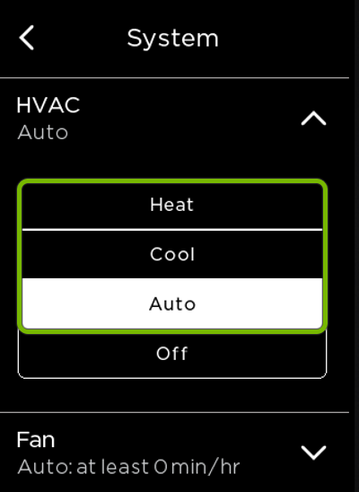 HVAC modes highlighted in ecobee settings.