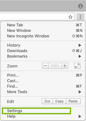 Chrome menu with Settings highlighted. Screenshot