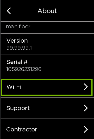 Selecting Wi-fi from the about menu