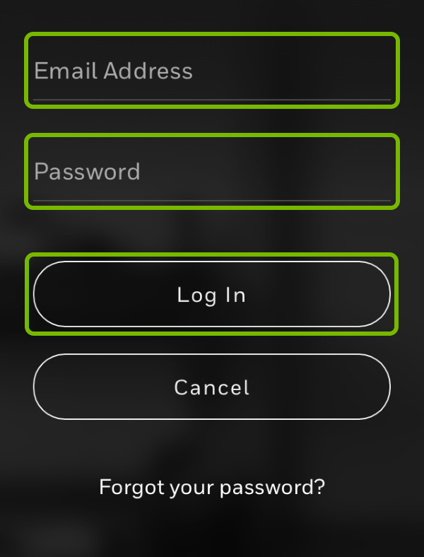 Email and password fields, and Log In button highlighted in Honeywell Home app.