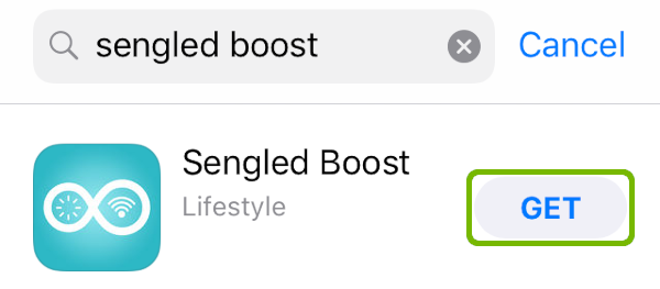 App store search for Sengled Boost with get highlighted.