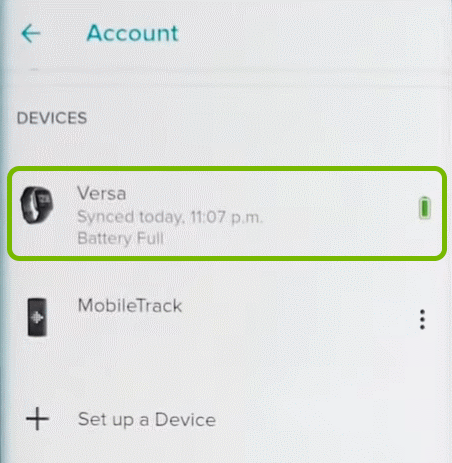 Versa highlighted in Account settings of Fitbit app.