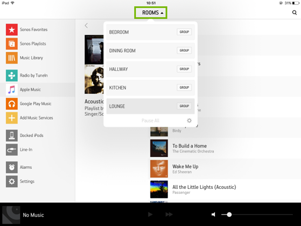 The Sonos Controller app with rooms selected