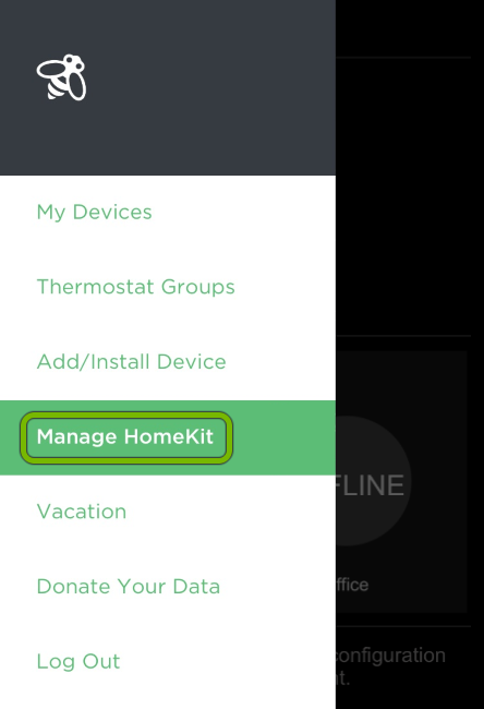 Manage HomeKit option highlighted in ecobee app menu.