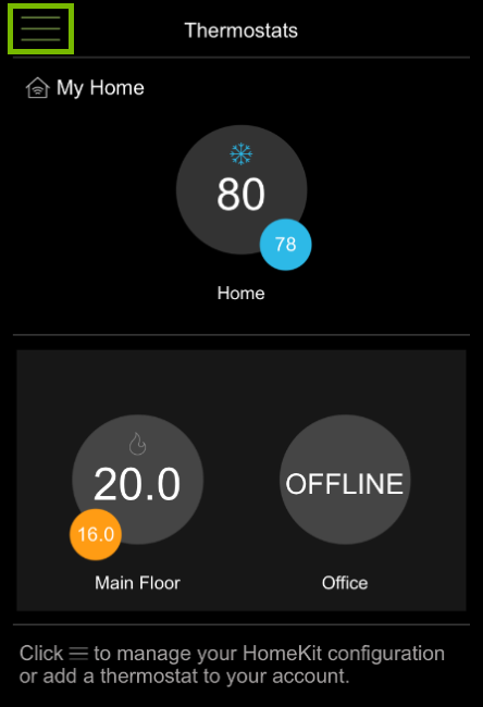 Menu icon highlighted in ecobee app.