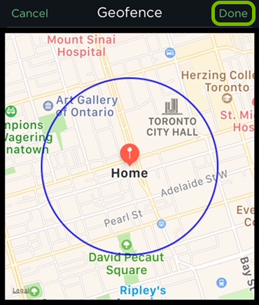 Done option highlighted in Geofence settings of ecobee app.