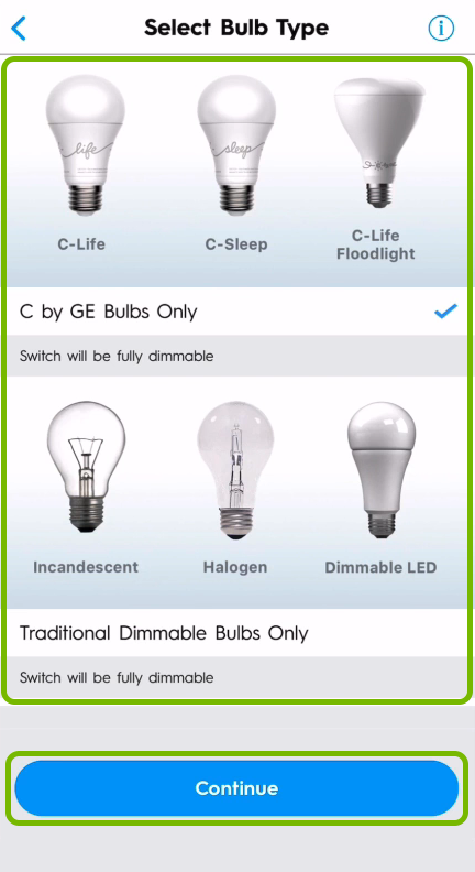 Bulb categories and Continue button highlighted on bulb type selection screen in C by GE app.