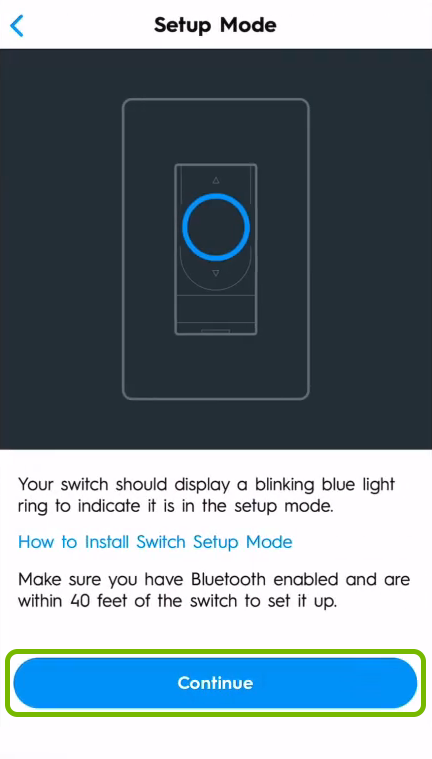 Continue button highlighted on Setup Mode screen of C by GE app.